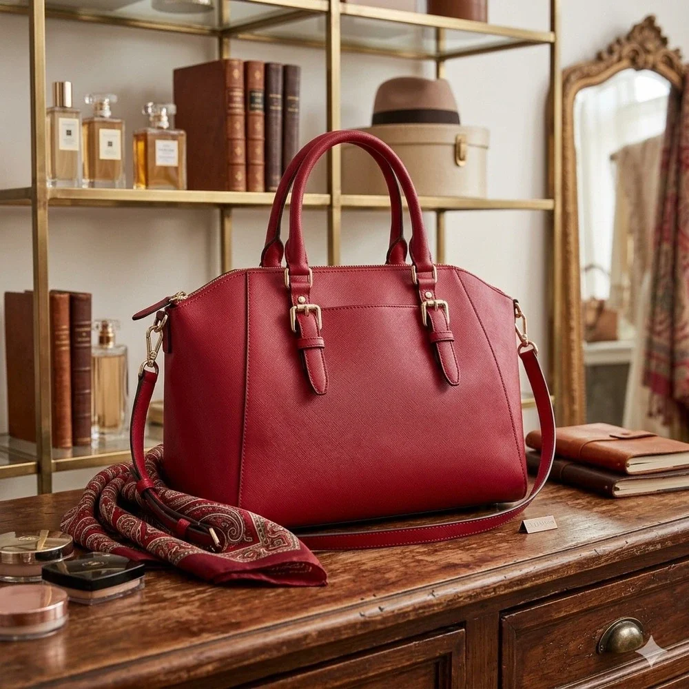 Michael Kors Ciara Large Satchel Red Saffiano Leather Crossbody Handbag GoldTone